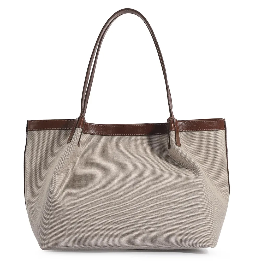 Bolsa Sacola Linho/Couro Marrom/Couro Off White - imagem 4