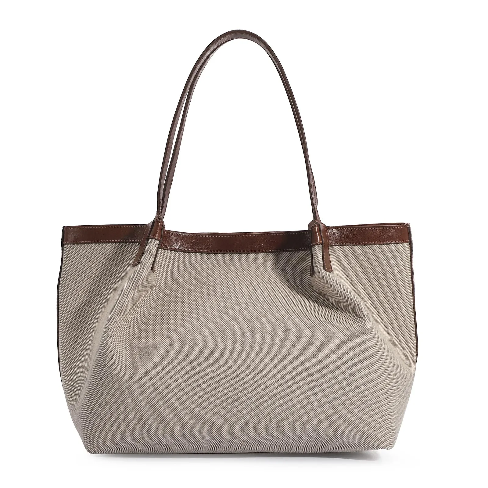 Bolsa Sacola Linho/Couro Marrom/Couro Off White