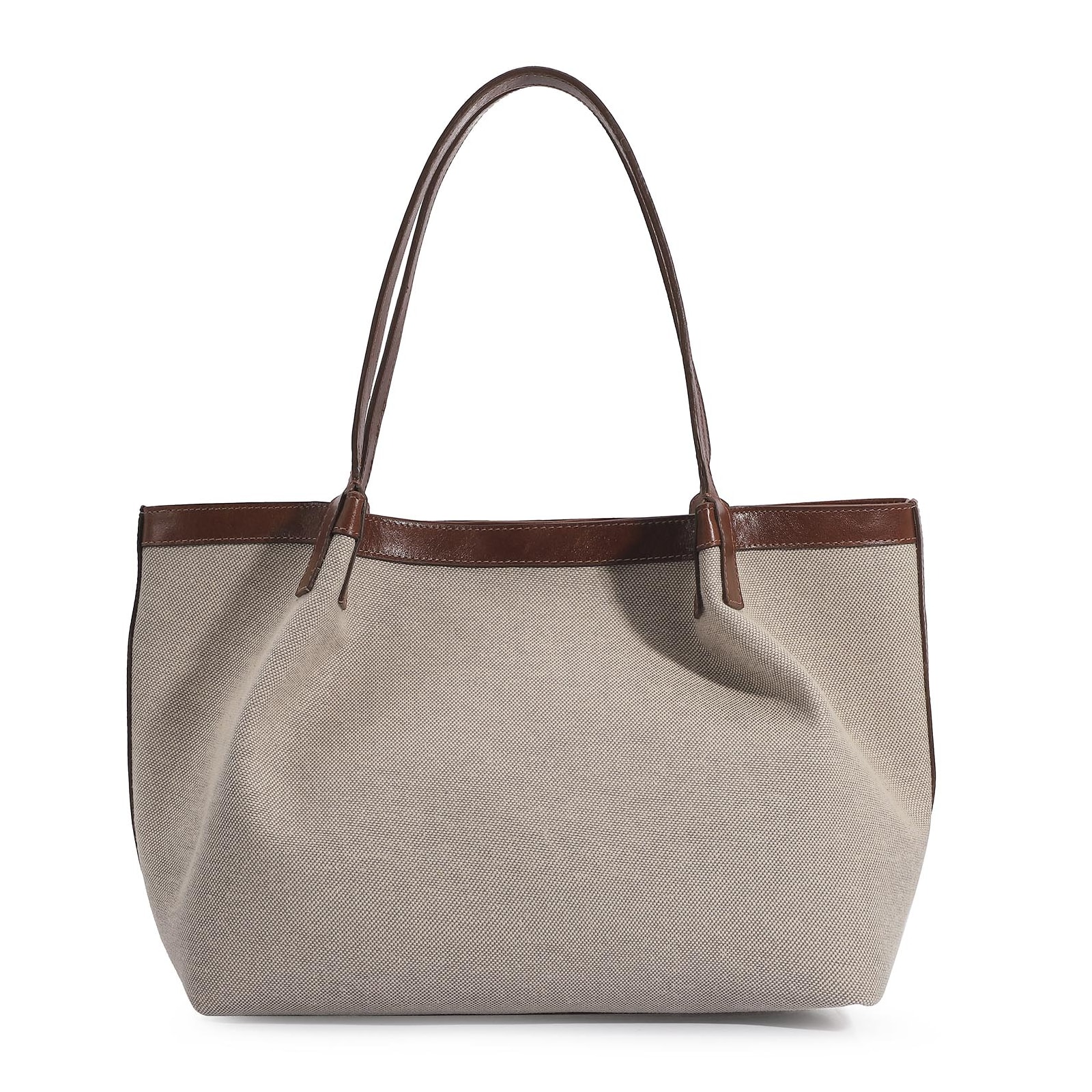Bolsa Sacola Linho/Couro Marrom/Couro Off White