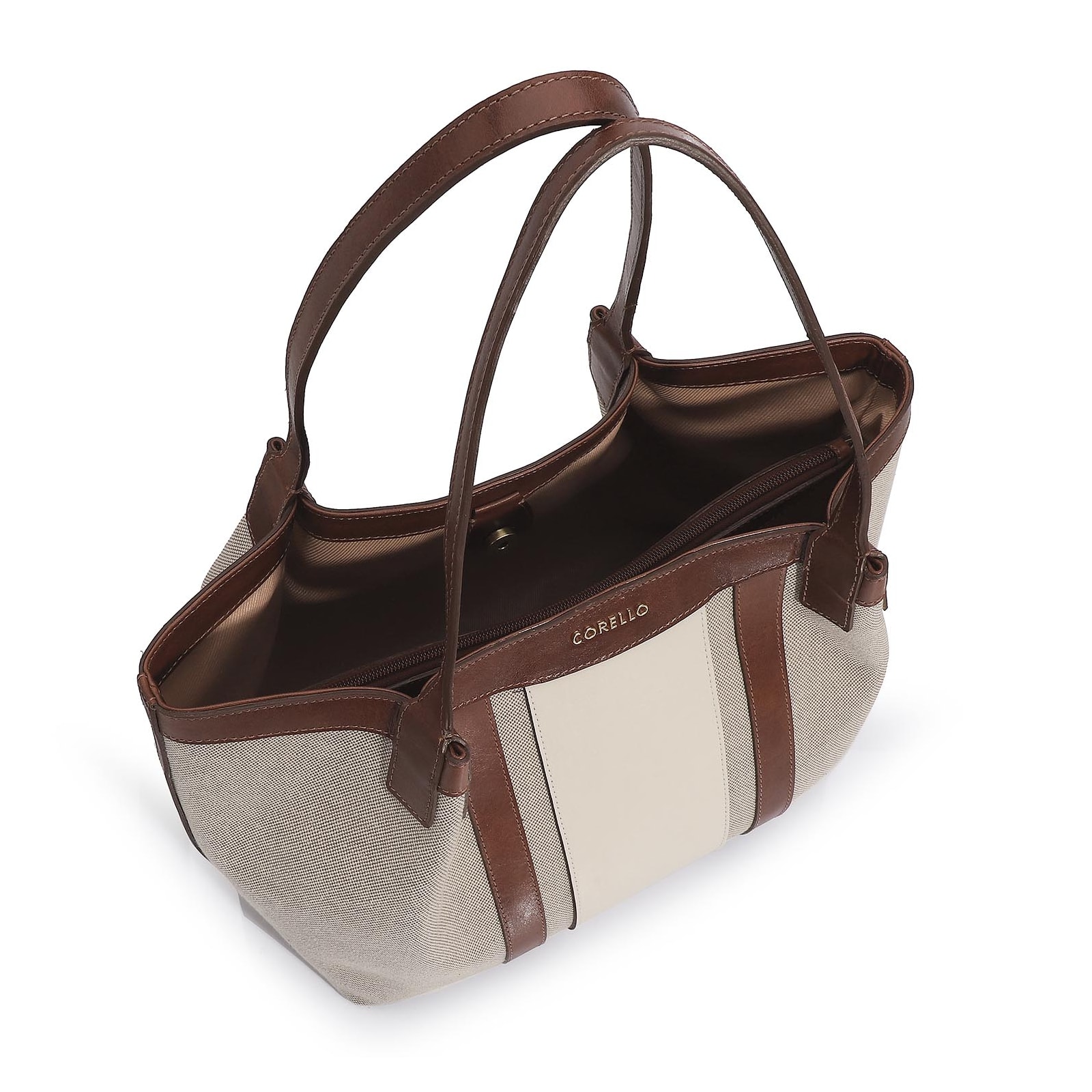 Bolsa Sacola Linho/Couro Marrom/Couro Off White