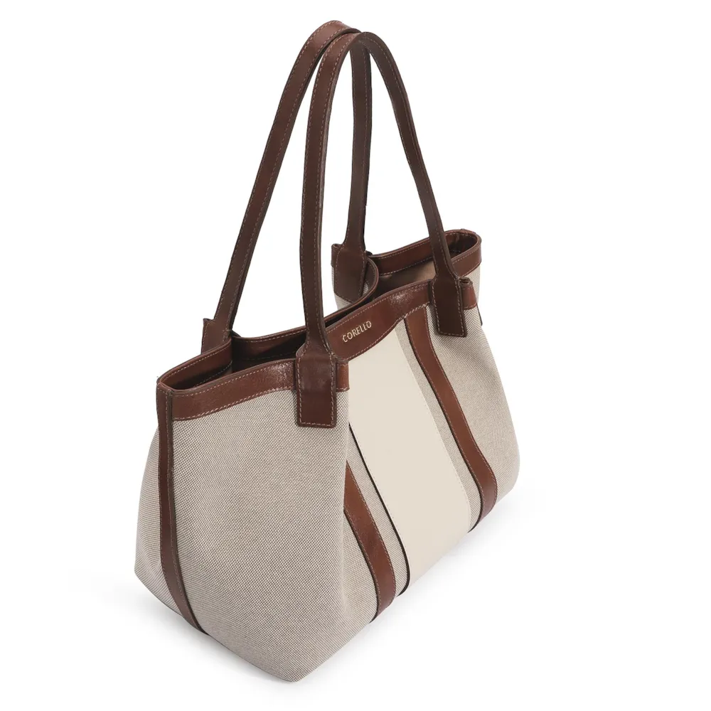 Bolsa Sacola Linho/Couro Marrom/Couro Off White - imagem 6