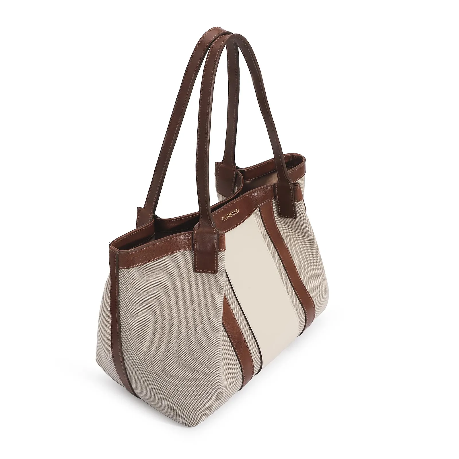 Bolsa Sacola Linho/Couro Marrom/Couro Off White