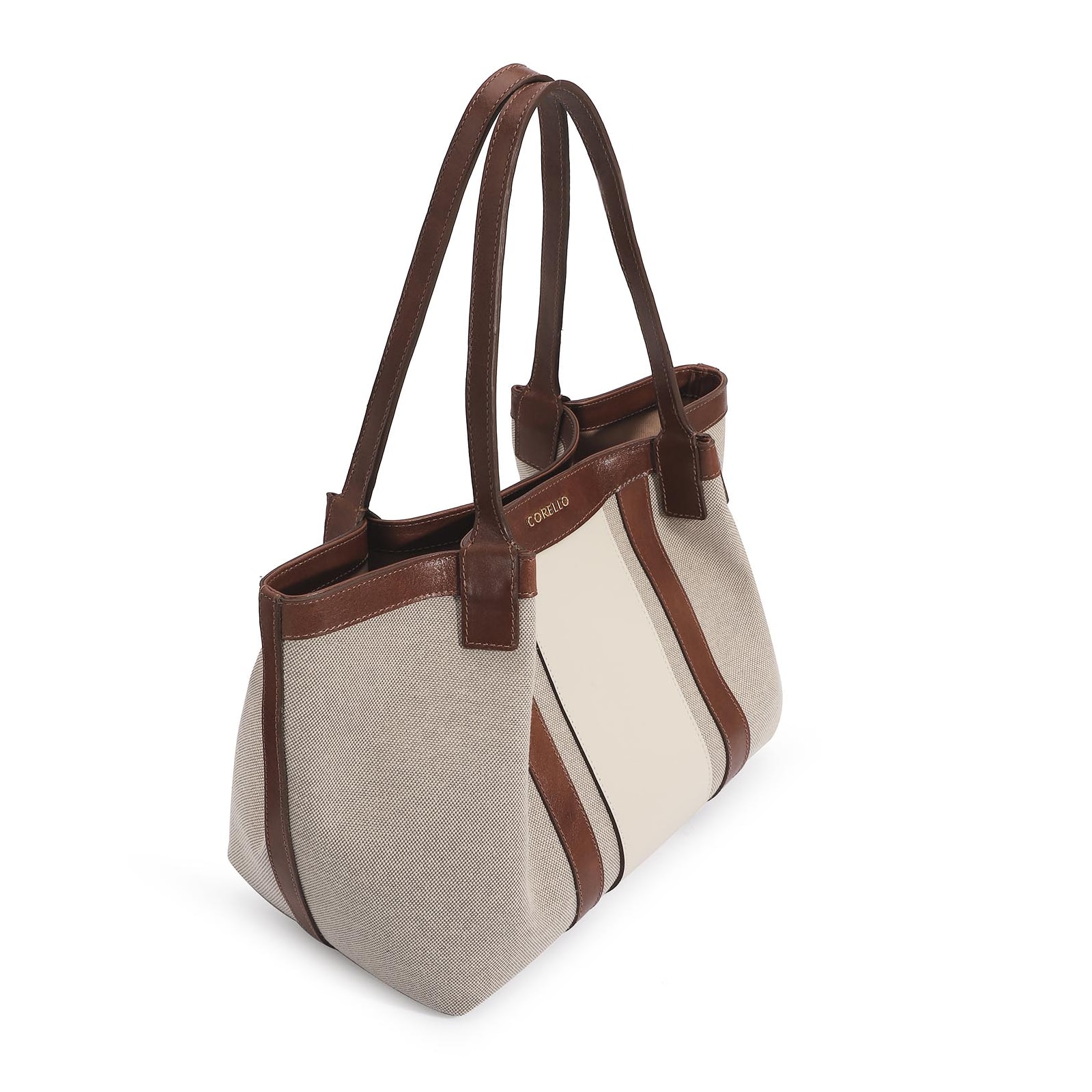 Bolsa Sacola Linho/Couro Marrom/Couro Off White