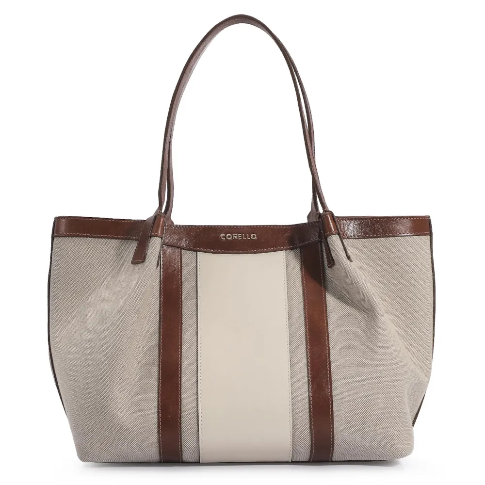 Bolsa Sacola Linho/Couro Marrom/Couro Off White
