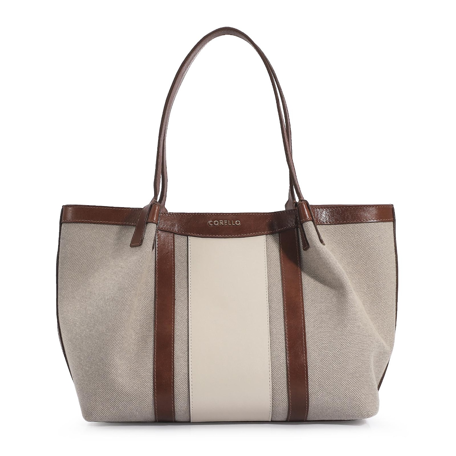 Bolsa Sacola Linho/Couro Marrom/Couro Off White