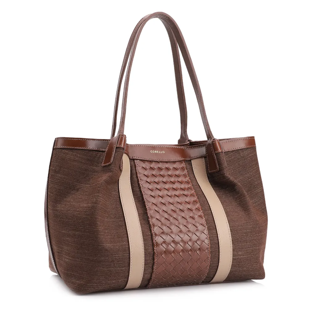 Bolsa Sacola Linho Marrom Esculro/Couro Marrom Claro - imagem 2