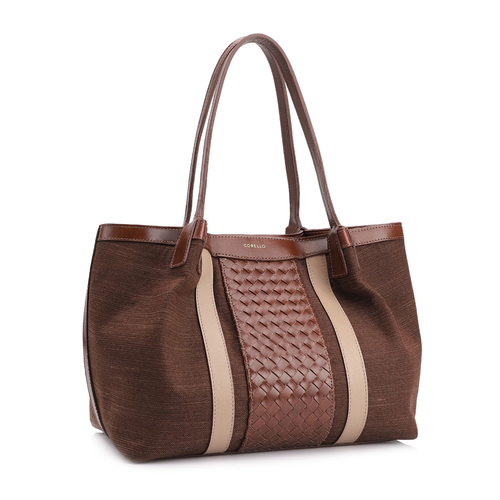 Bolsa Sacola Linho Marrom Esculro/Couro Marrom Claro