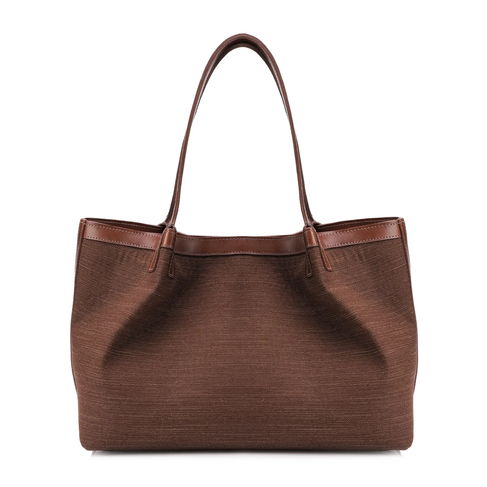 Bolsa Sacola Linho Marrom Esculro/Couro Marrom Claro