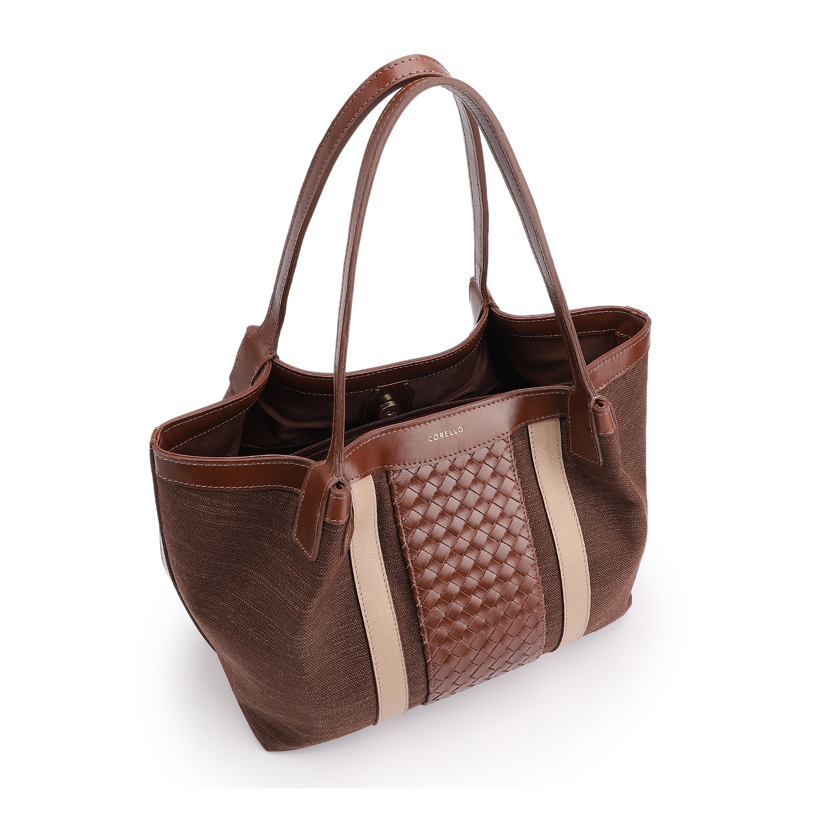 Bolsa Sacola Linho Marrom Esculro/Couro Marrom Claro