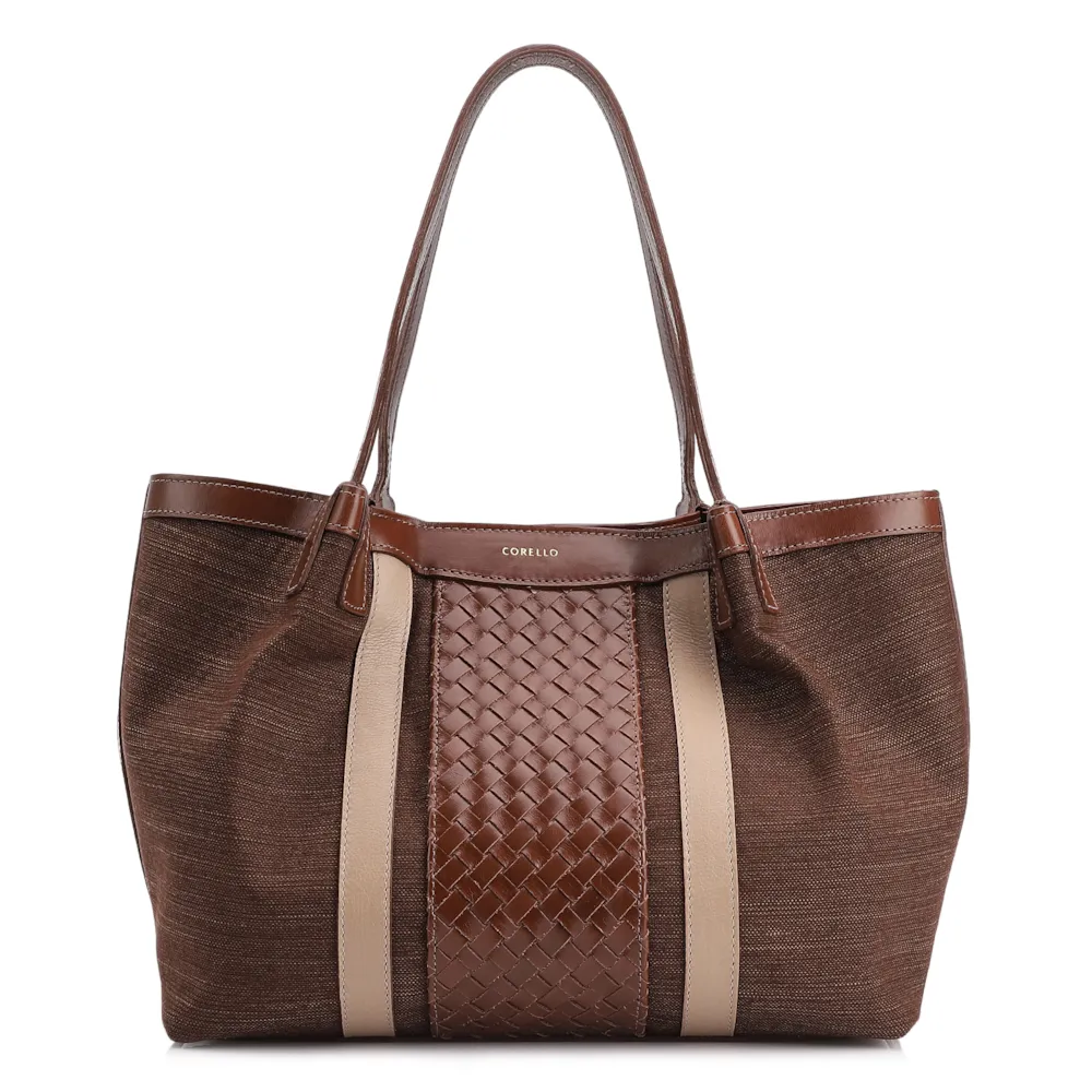 Bolsa Sacola Linho Marrom Esculro/Couro Marrom Claro