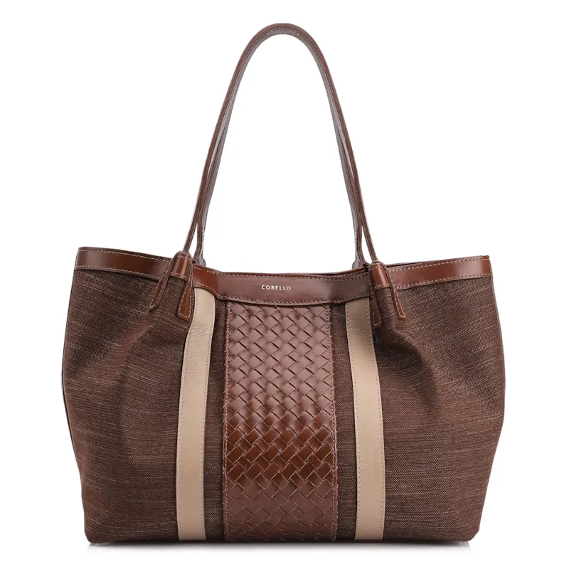 Bolsa Sacola Linho Marrom Esculro/Couro Marrom Claro