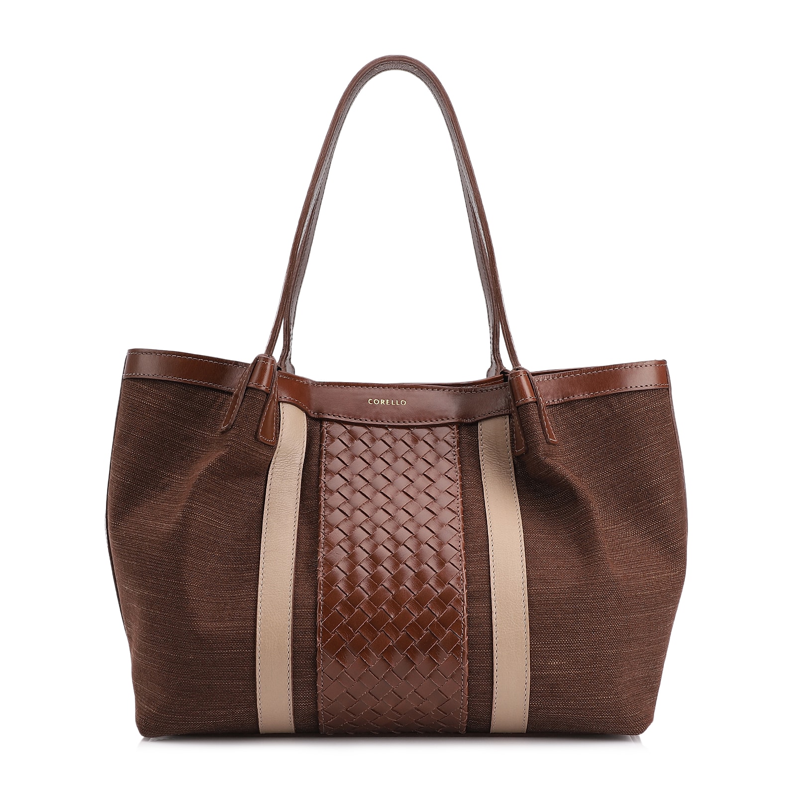 Bolsa Sacola Linho Marrom Esculro/Couro Marrom Claro