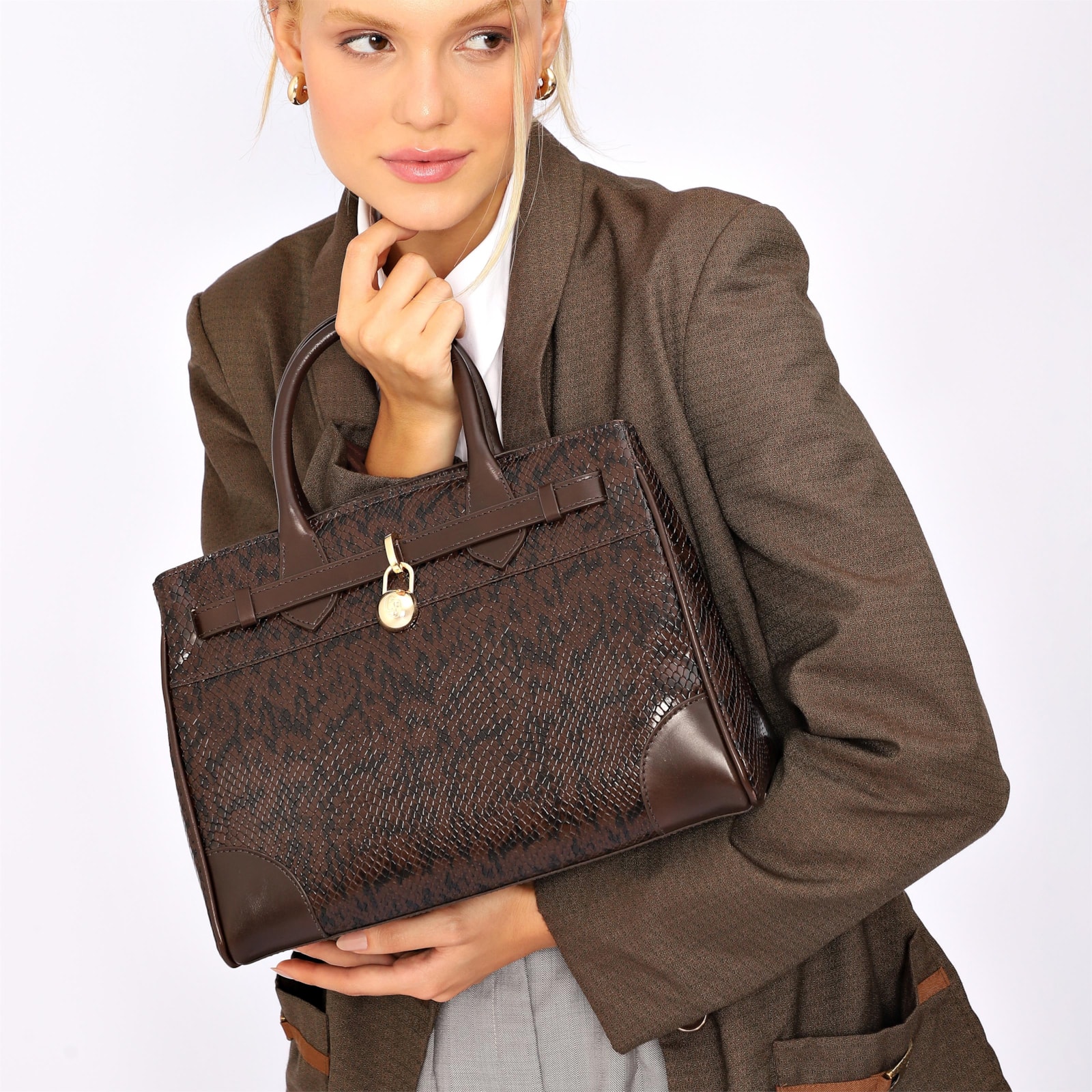 Bolsa Tote Alt Python Marrom Escuro/Couro Marrom Escuro