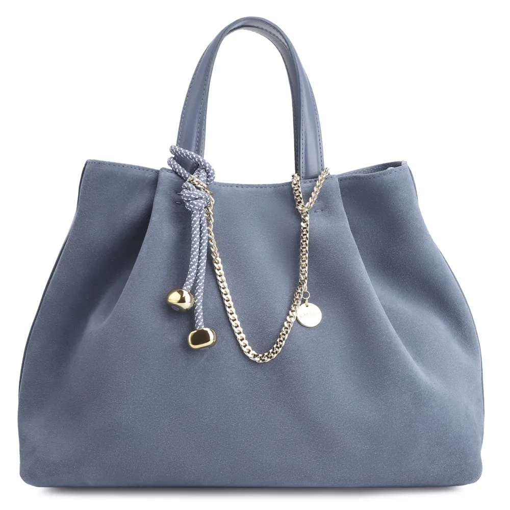 Bolsa Tote Bag Charm Couro Camurça/Couro Azul