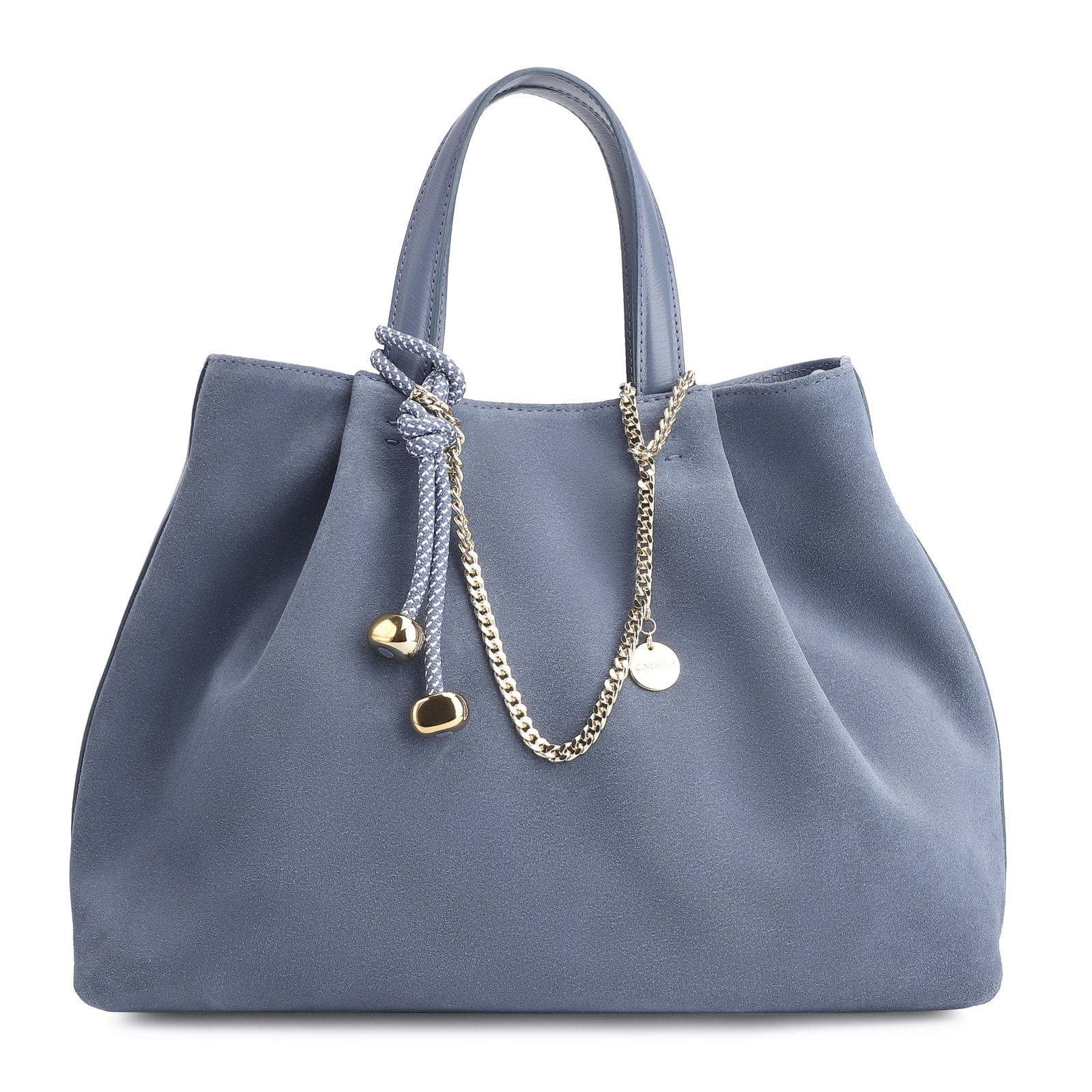 Bolsa Tote Bag Charm Couro Camurça/Couro Azul