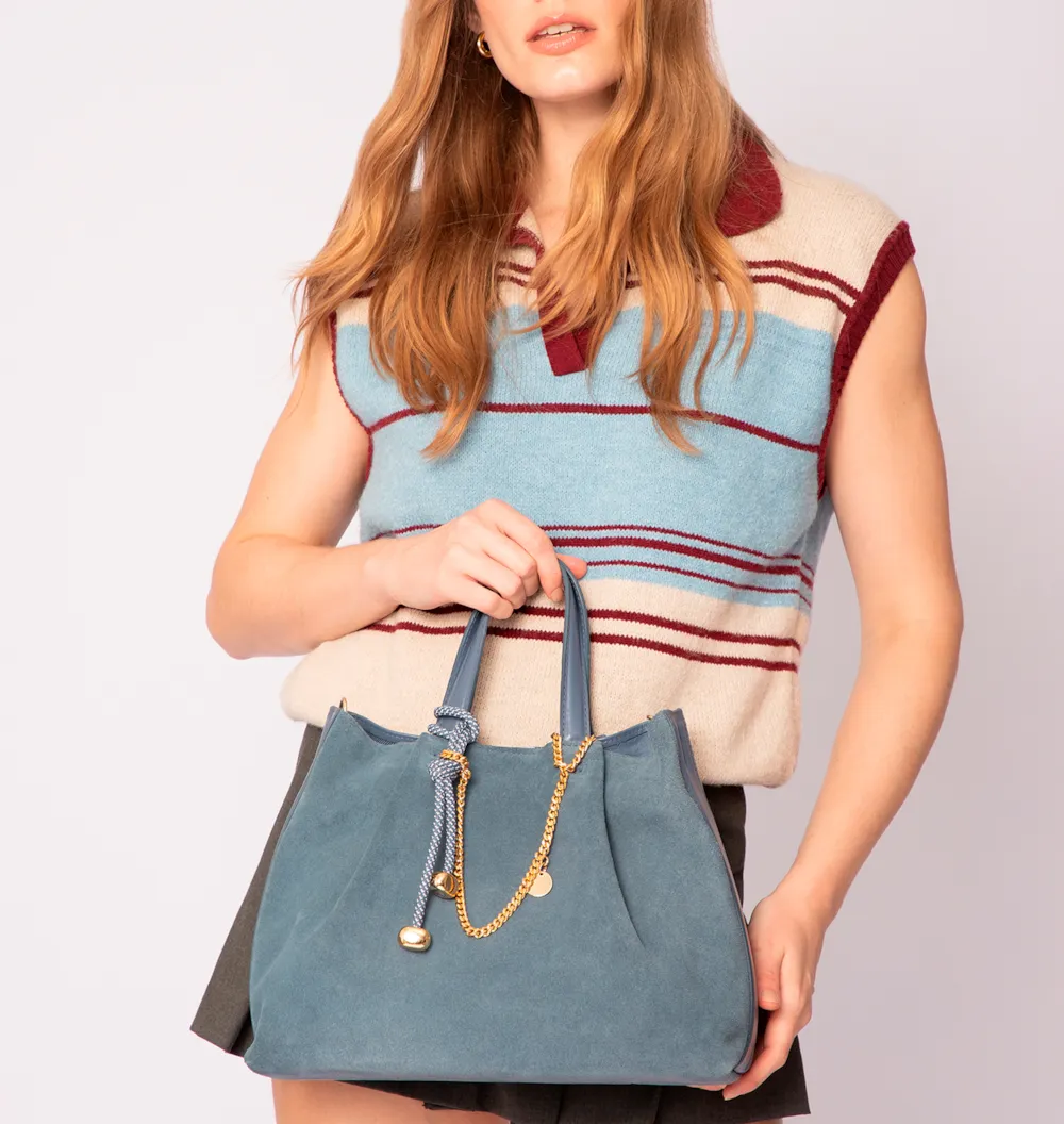 Bolsa Tote Bag Charm Couro Camurça/Couro Azul - imagem 2