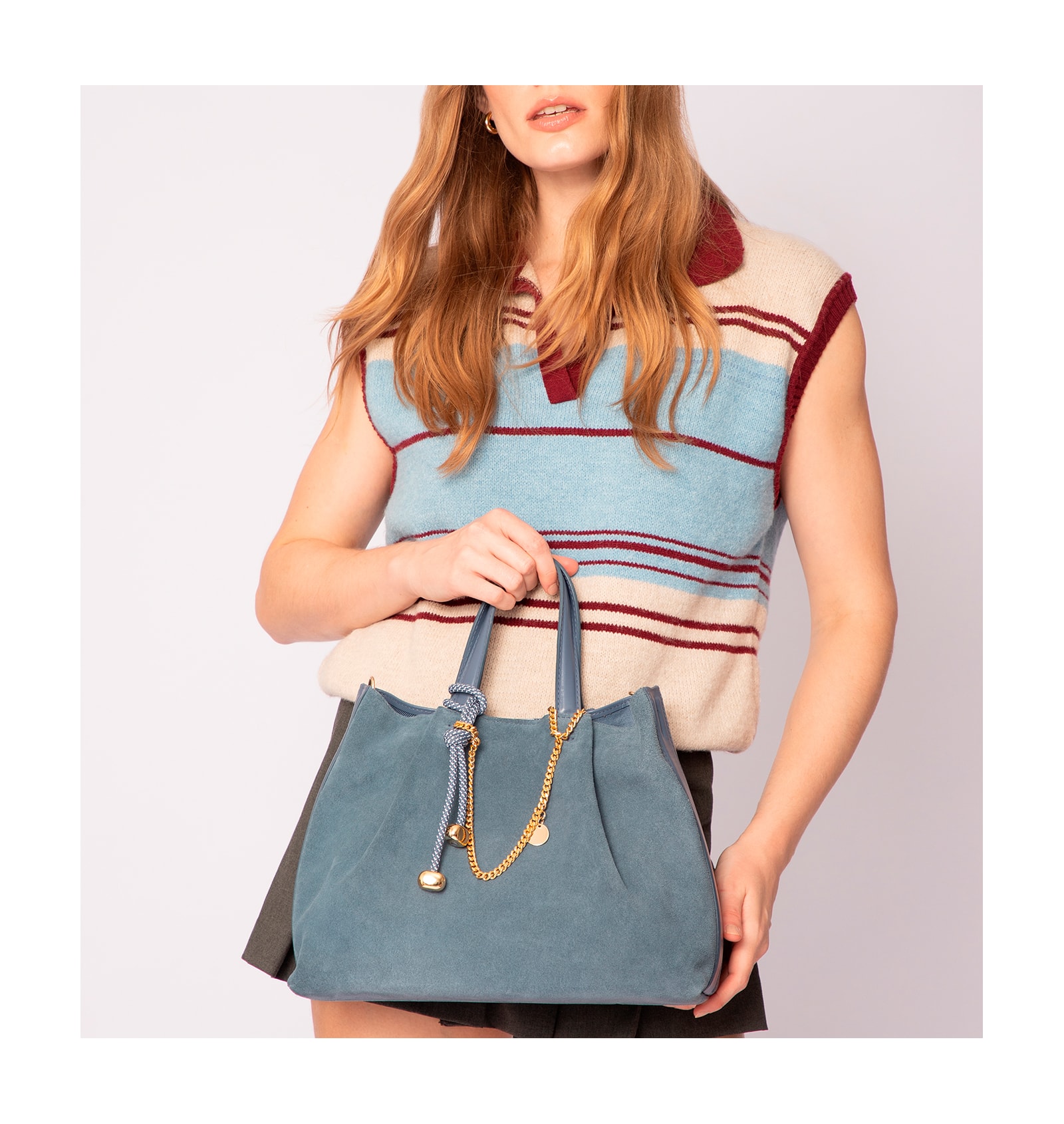 Bolsa Tote Bag Charm Couro Camurça/Couro Azul