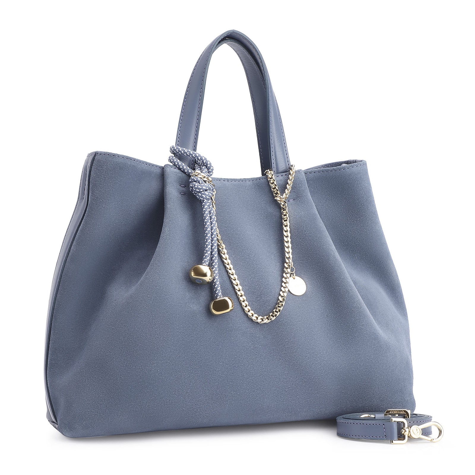 Bolsa Tote Bag Charm Couro Camurça/Couro Azul