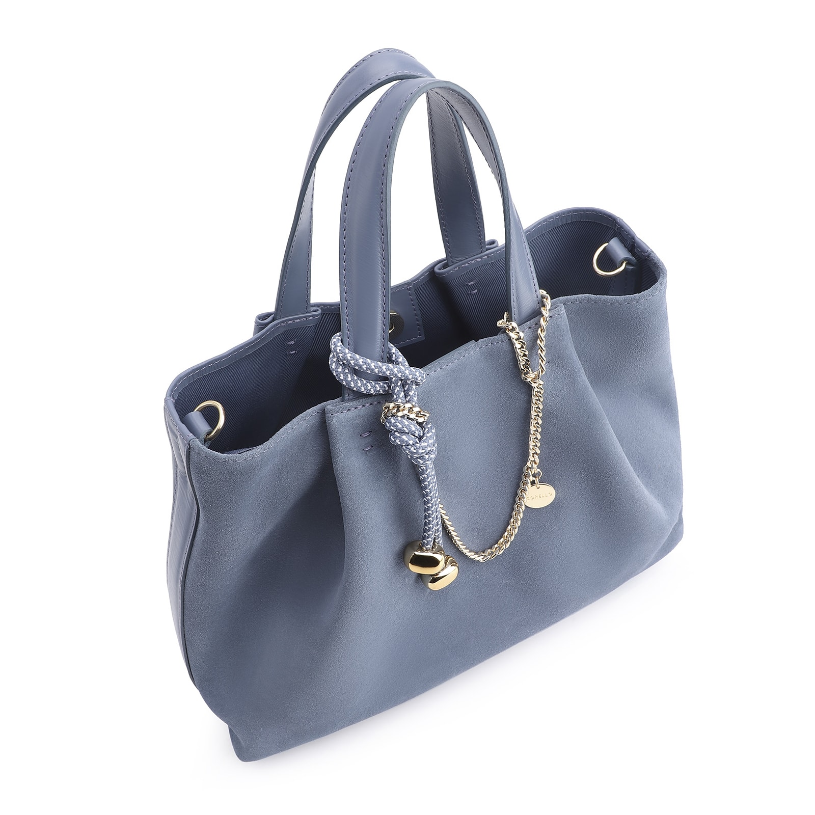 Bolsa Tote Bag Charm Couro Camurça/Couro Azul