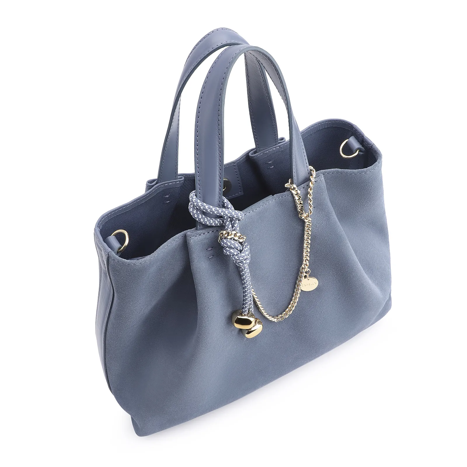 Bolsa Tote Bag Charm Couro Camurça/Couro Azul