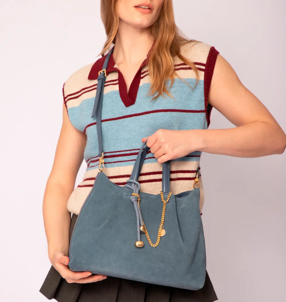 Bolsa Tote Bag Charm Couro Camurça/Couro Azul - imagem 9