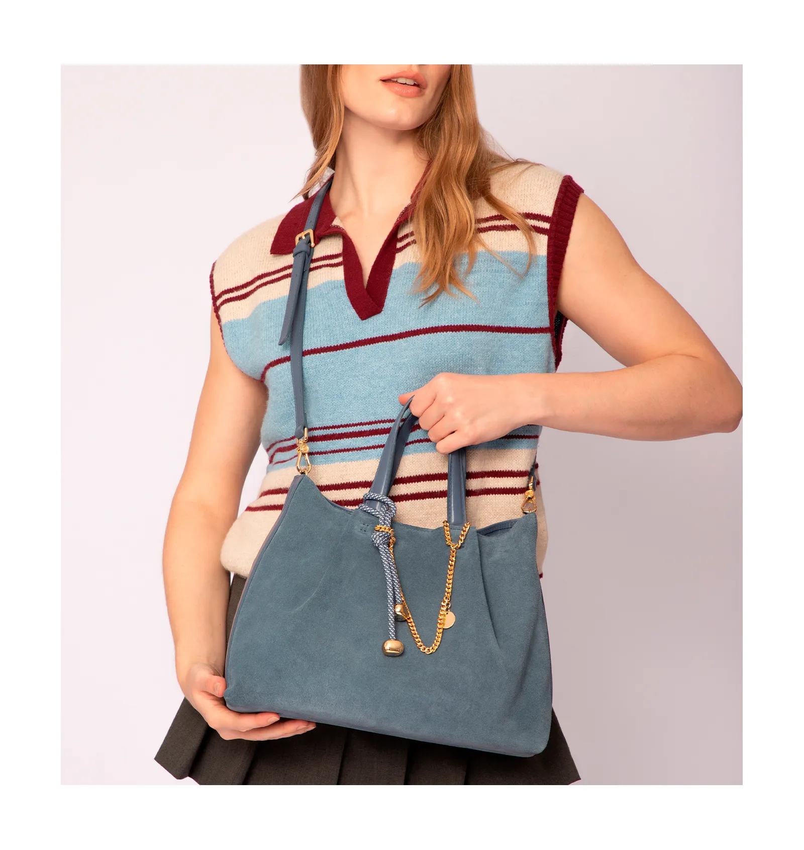 Bolsa Tote Bag Charm Couro Camurça/Couro Azul