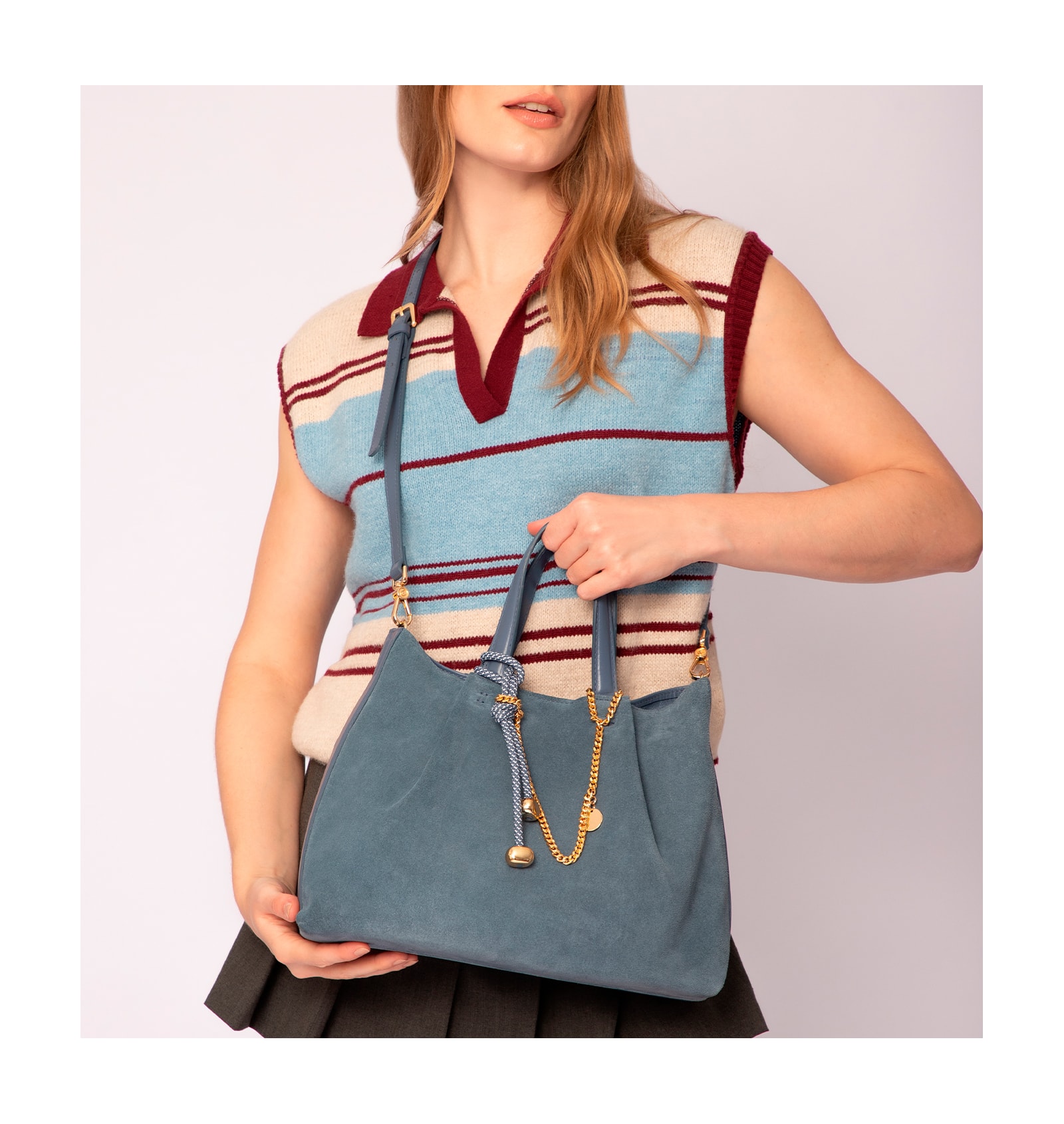 Bolsa Tote Bag Charm Couro Camurça/Couro Azul