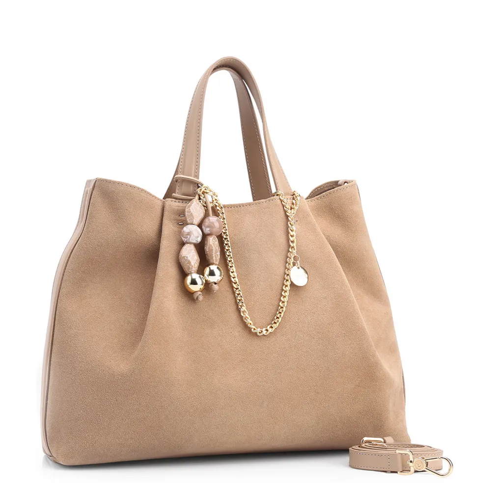 Bolsa Tote Bag Charm Couro Camurça/Couro Bege - imagem 3