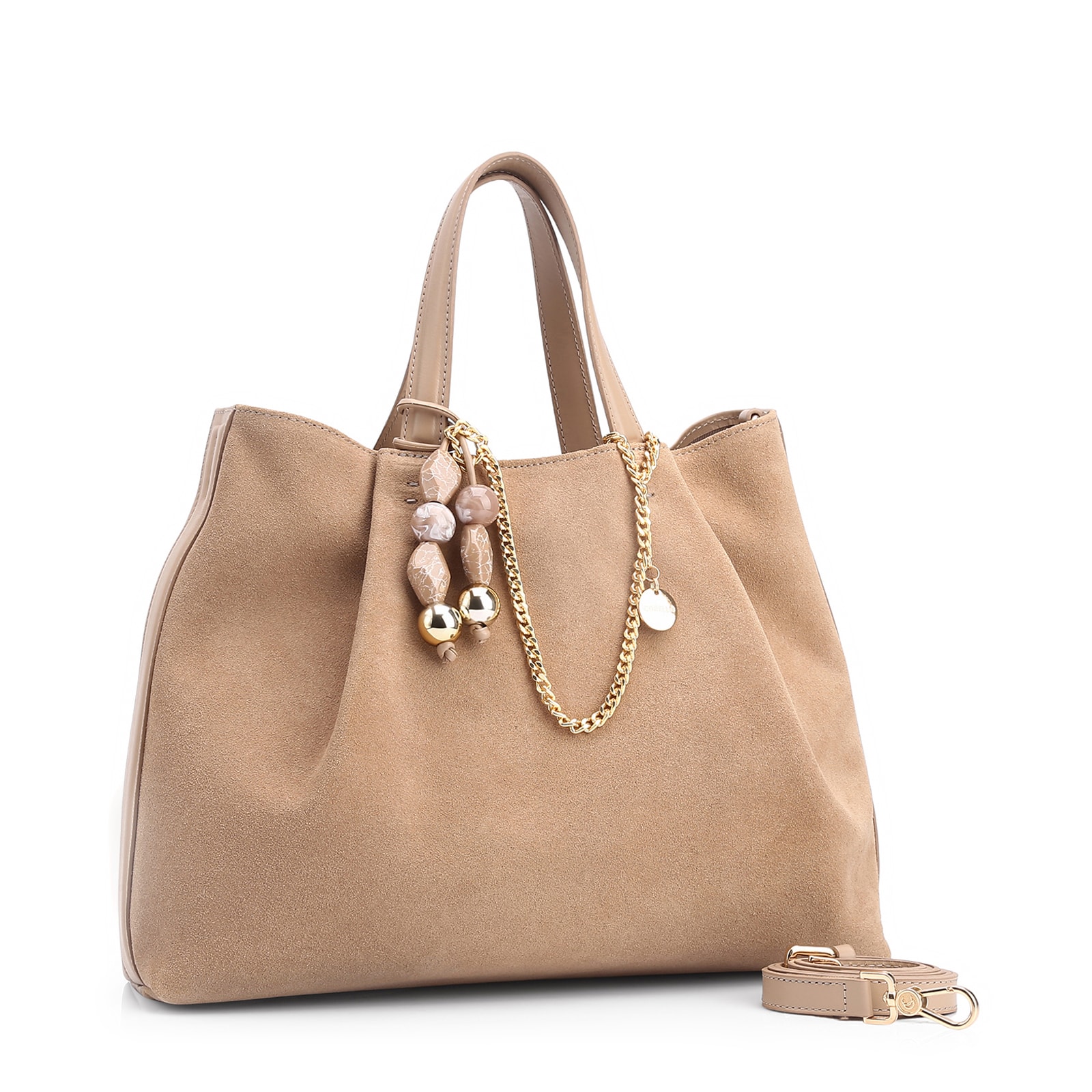 Bolsa Tote Bag Charm Couro Camurça/Couro Bege