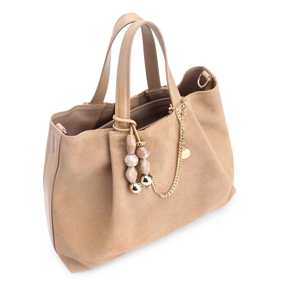 Bolsa Tote Bag Charm Couro Camurça/Couro Bege - imagem 5