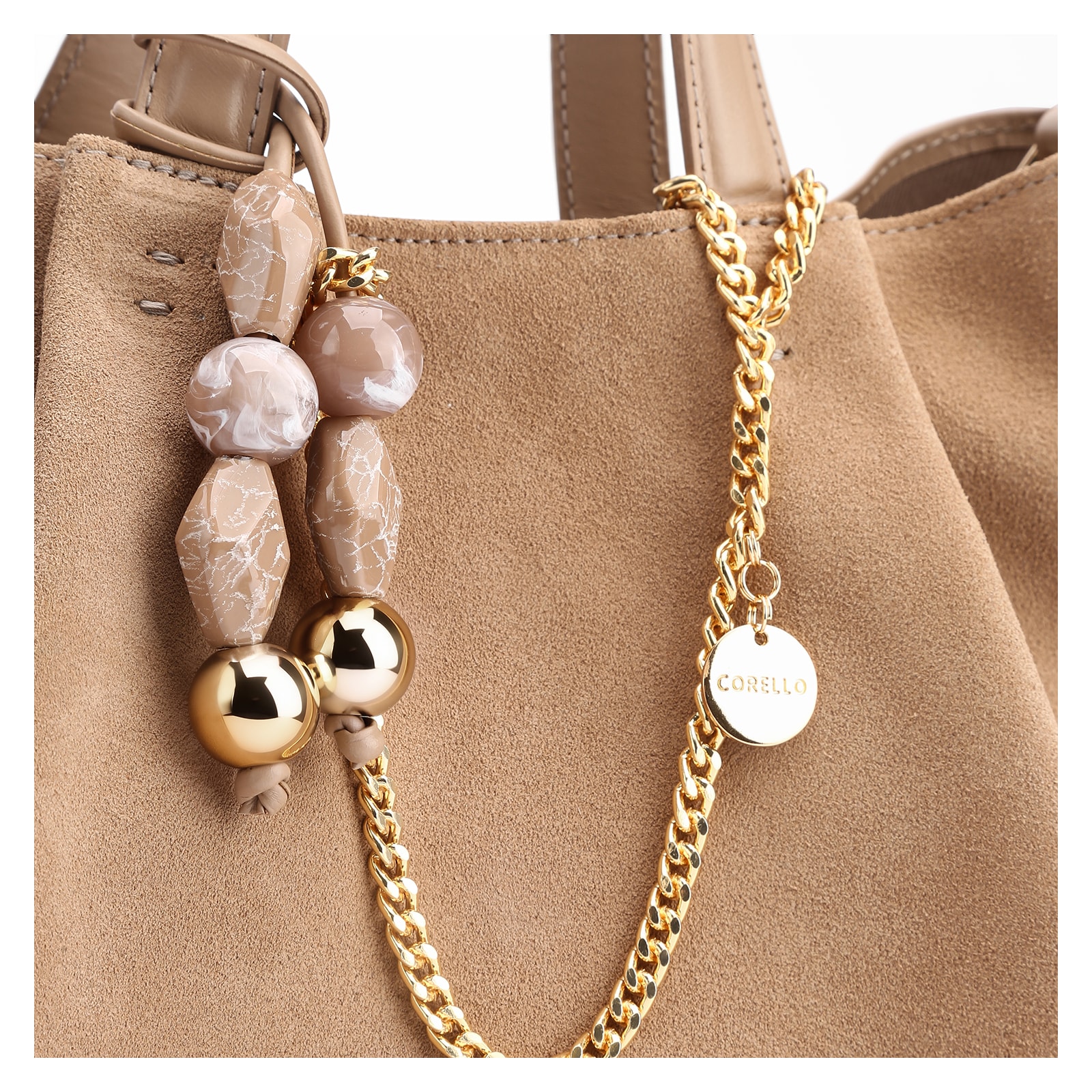 Bolsa Tote Bag Charm Couro Camurça/Couro Bege