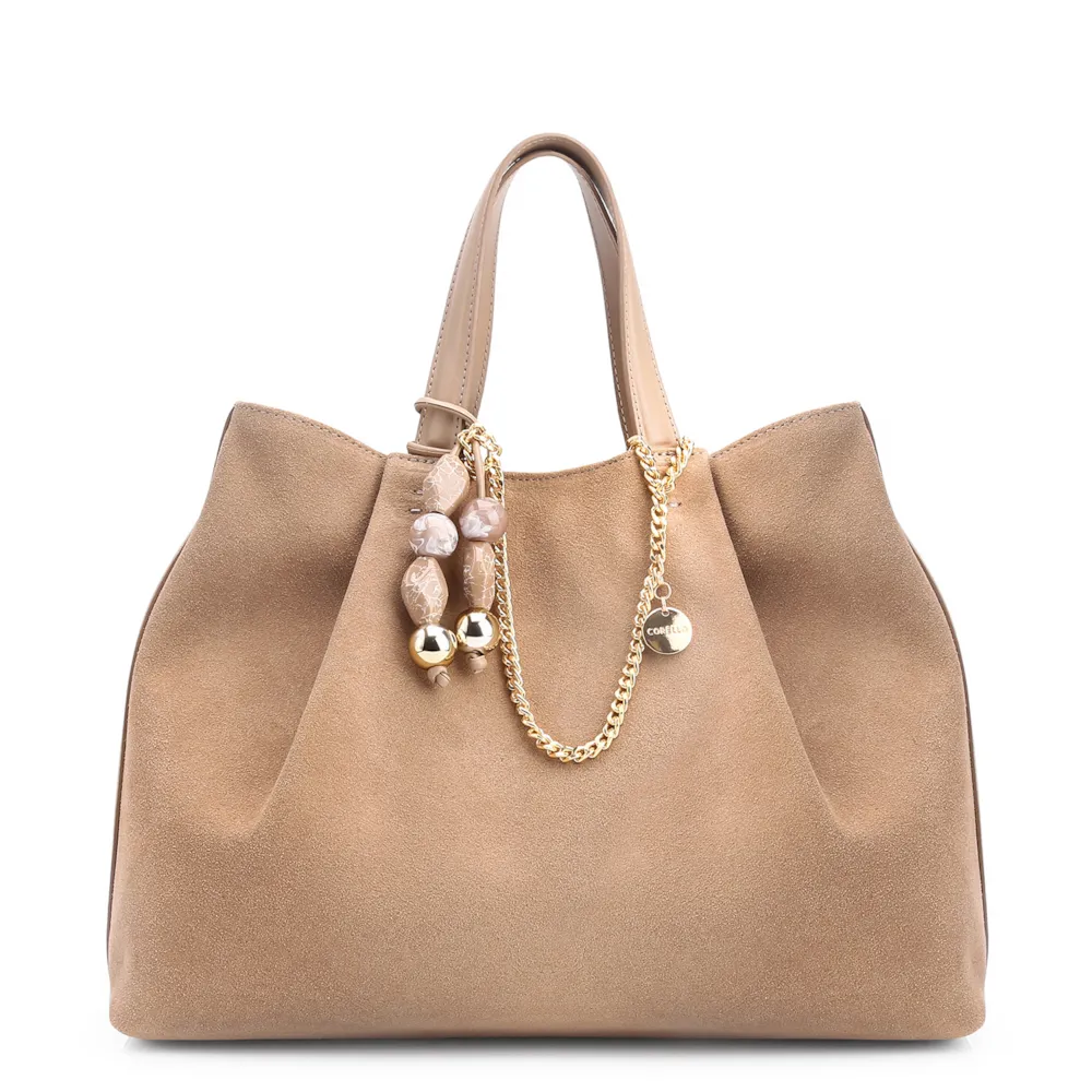Bolsa Tote Bag Charm Couro Camurça/Couro Bege