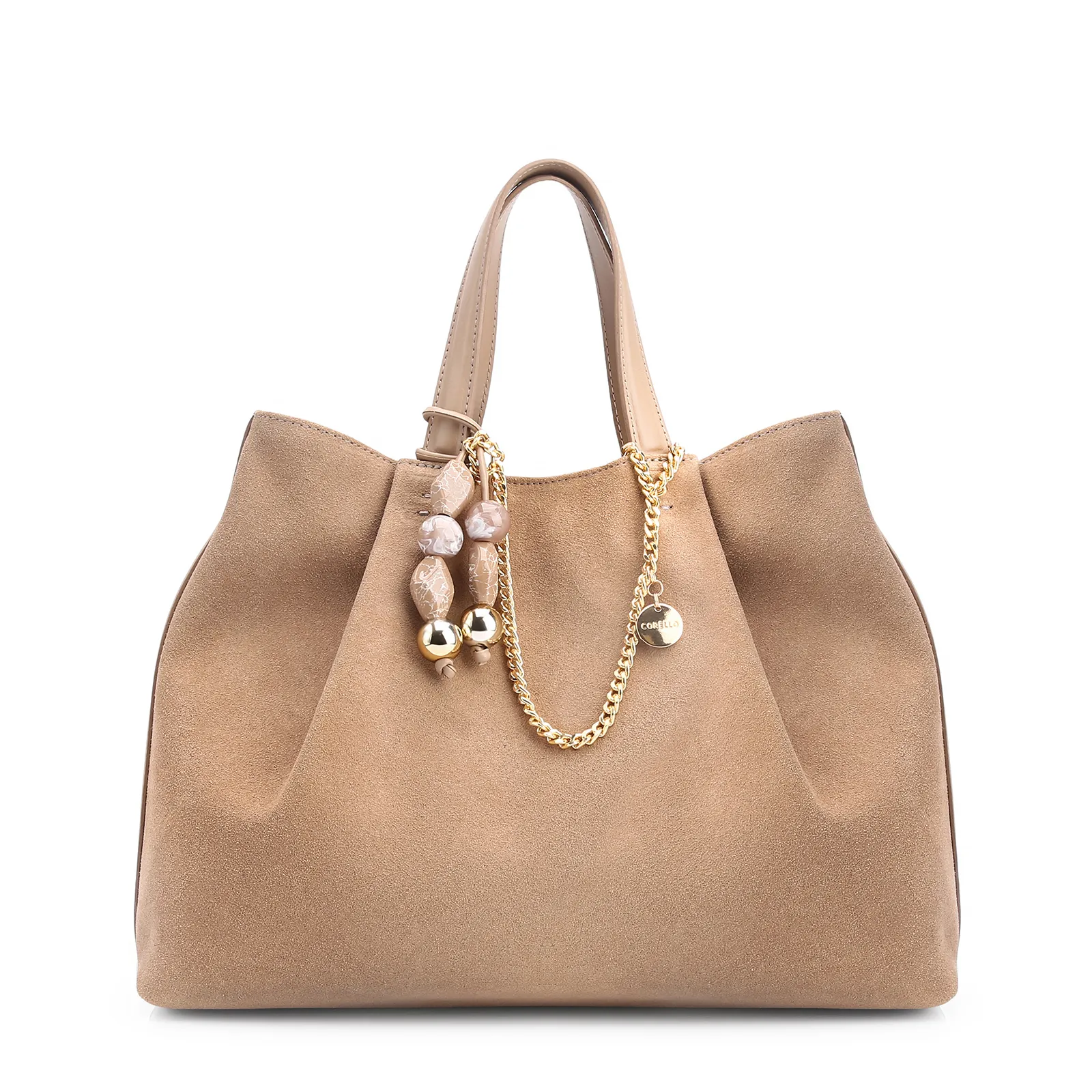 Bolsa Tote Bag Charm Couro Camurça/Couro Bege