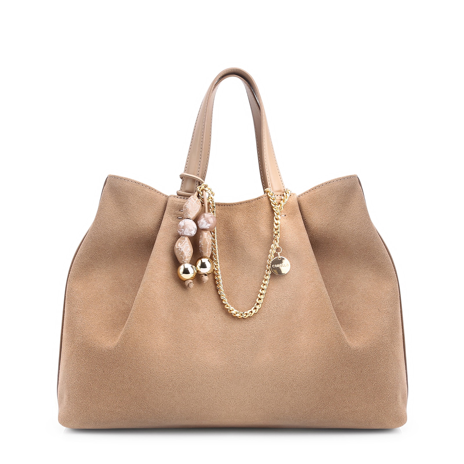 Bolsa Tote Bag Charm Couro Camurça/Couro Bege