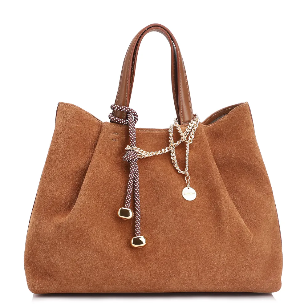 Bolsa Tote Bag Charm Couro Camurça/Couro Marrom