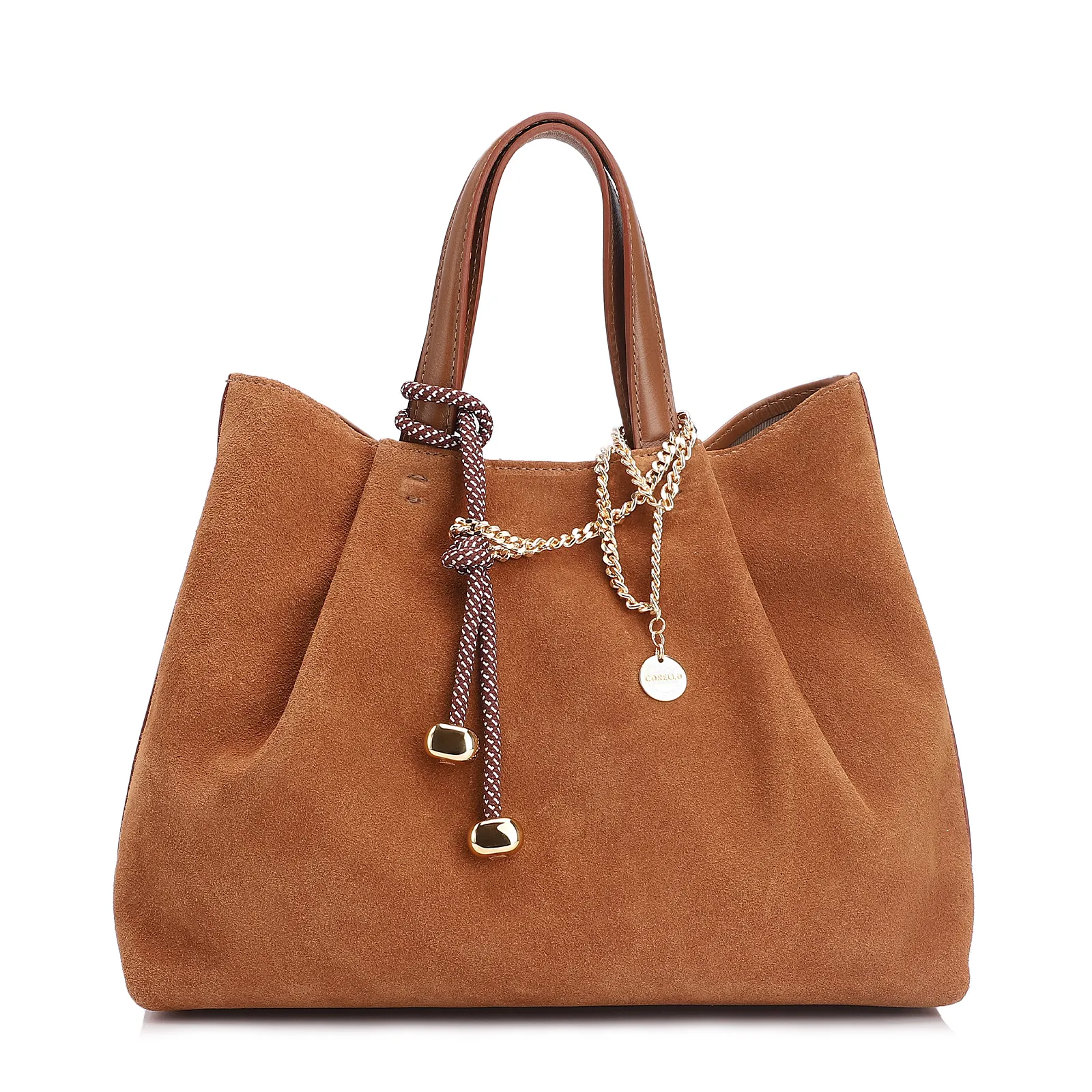 Bolsa Tote Bag Charm Couro Camurça/Couro Marrom