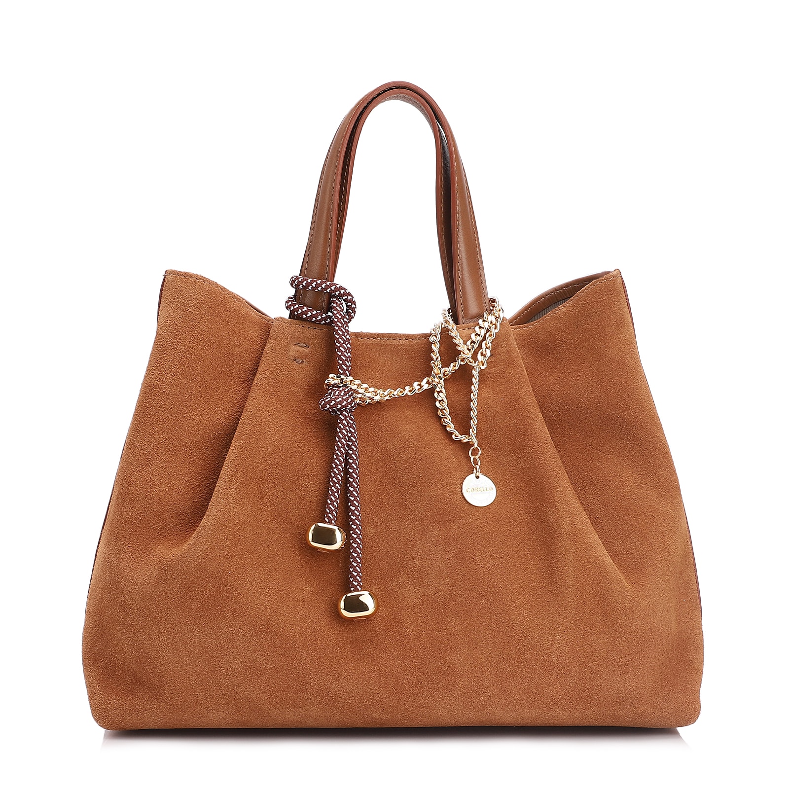 Bolsa Tote Bag Charm Couro Camurça/Couro Marrom