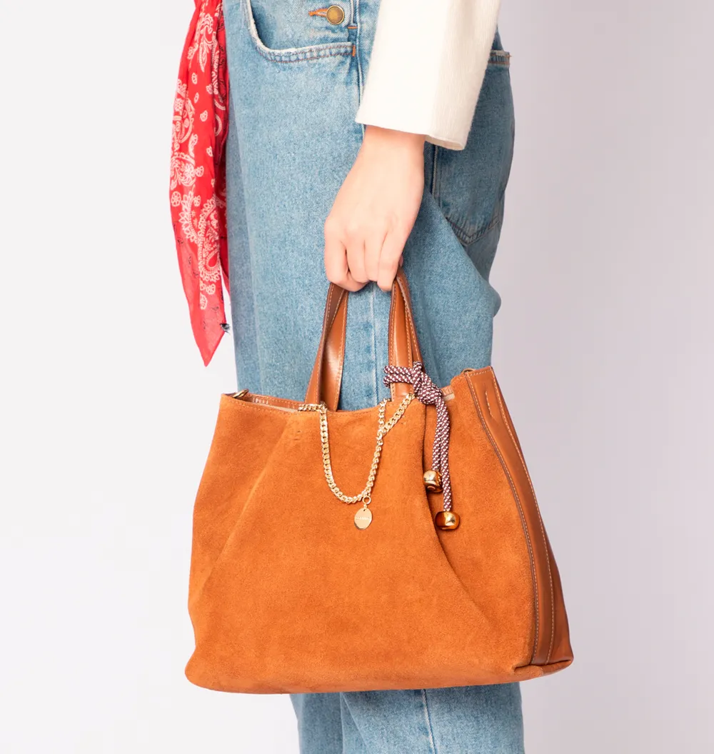 Bolsa Tote Bag Charm Couro Camurça/Couro Marrom - imagem 2