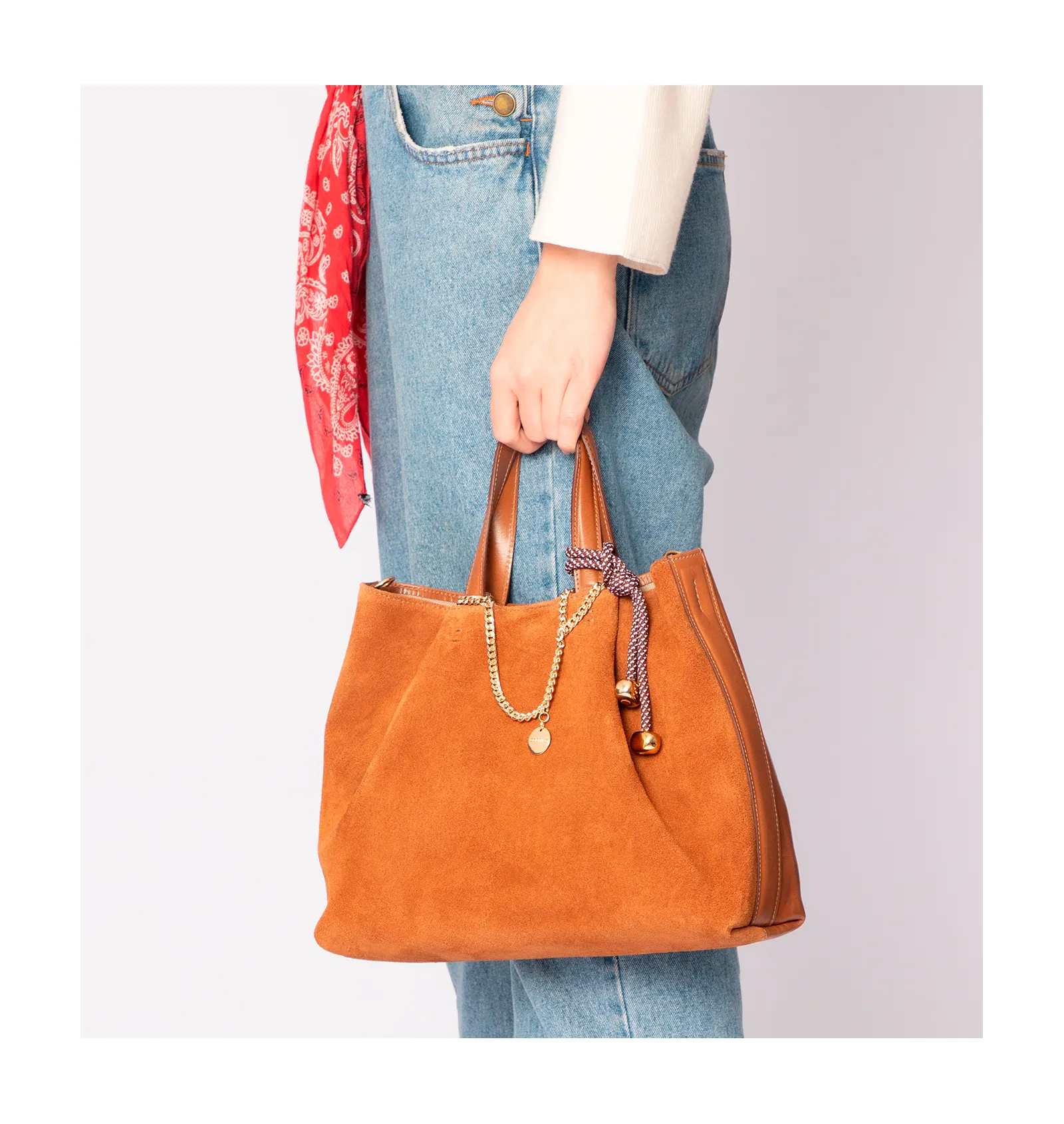 Bolsa Tote Bag Charm Couro Camurça/Couro Marrom