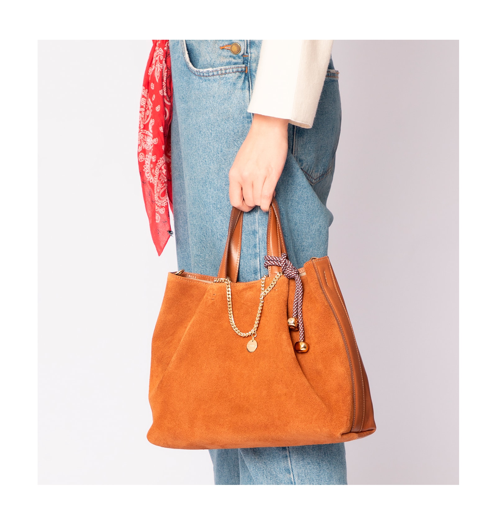 Bolsa Tote Bag Charm Couro Camurça/Couro Marrom