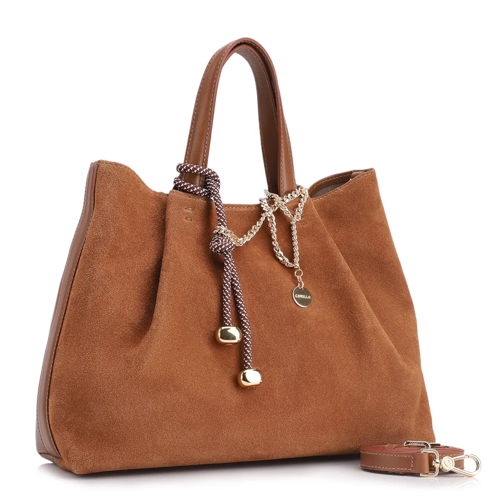 Bolsa Tote Bag Charm Couro Camurça/Couro Marrom - imagem 3