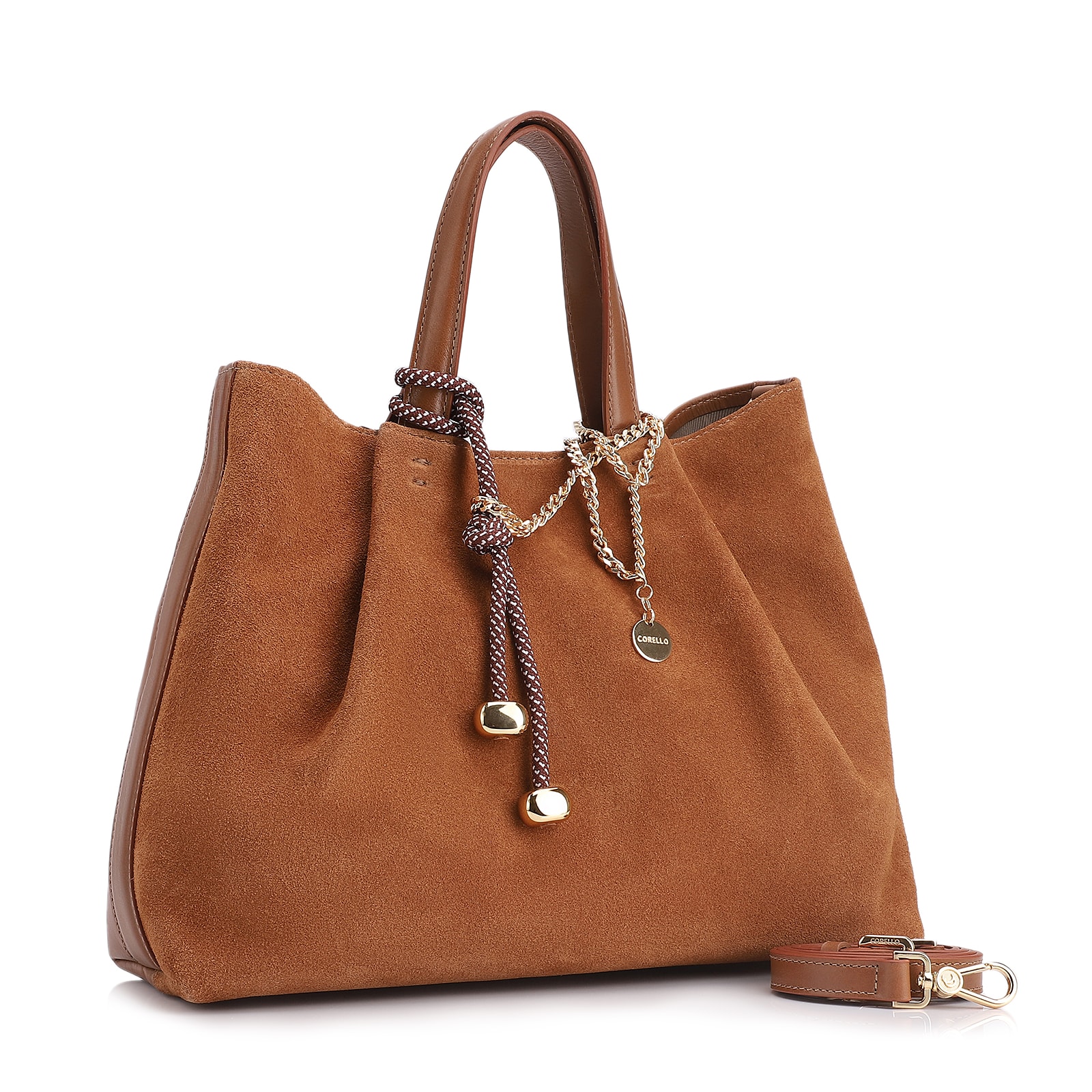 Bolsa Tote Bag Charm Couro Camurça/Couro Marrom
