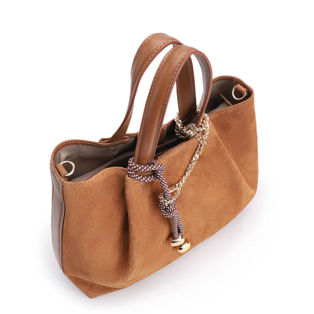 Bolsa Tote Bag Charm Couro Camurça/Couro Marrom - imagem 5