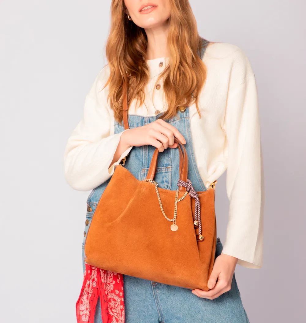 Bolsa Tote Bag Charm Couro Camurça/Couro Marrom - imagem 8