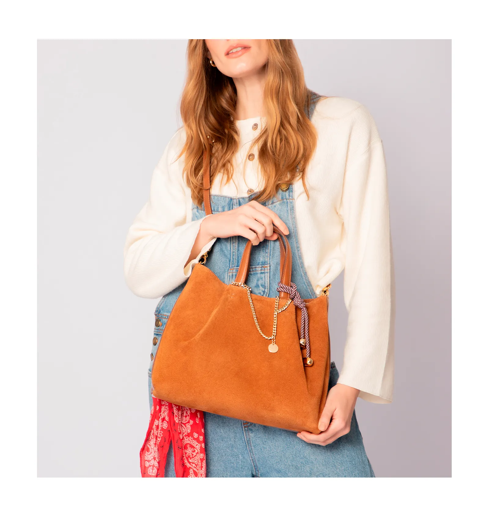 Bolsa Tote Bag Charm Couro Camurça/Couro Marrom