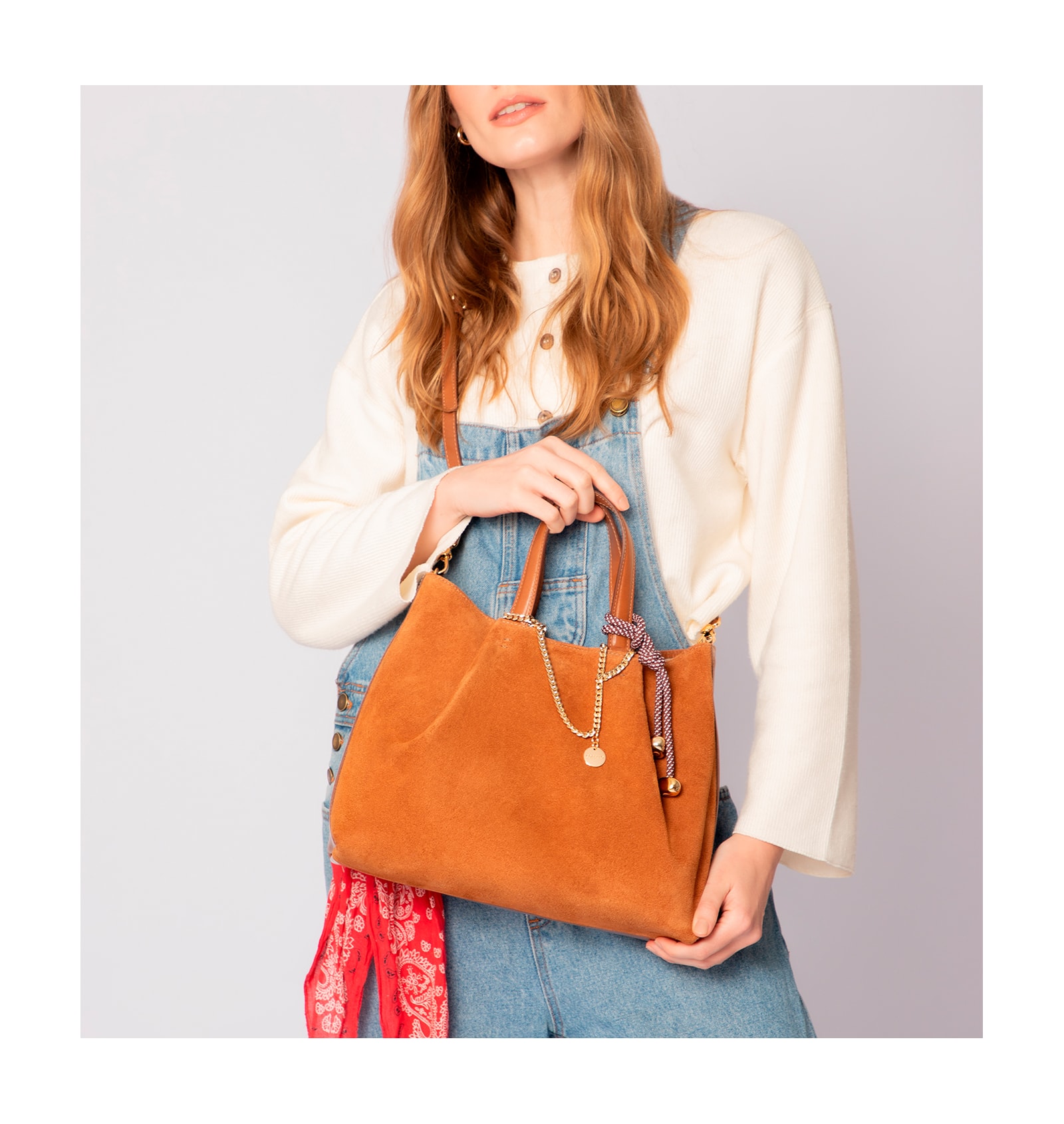 Bolsa Tote Bag Charm Couro Camurça/Couro Marrom