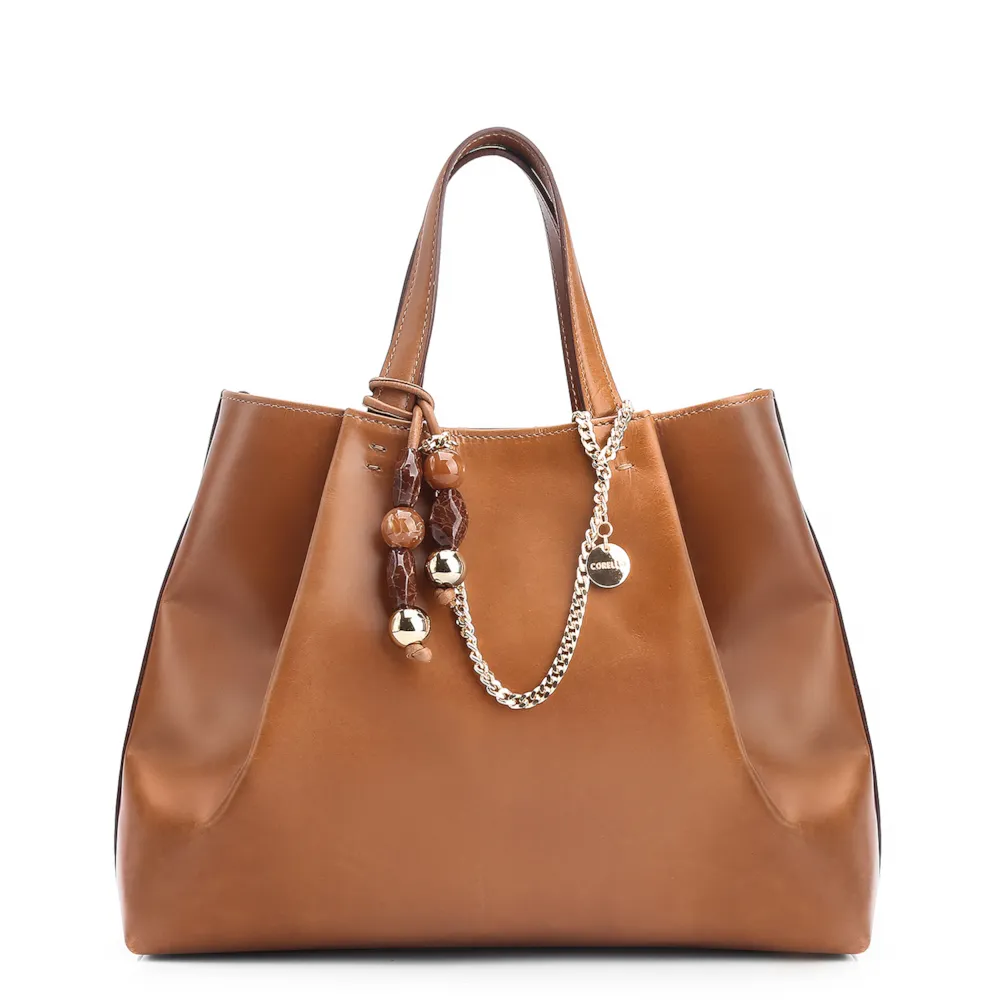 Bolsa Tote Bag Charm Couro Marrom