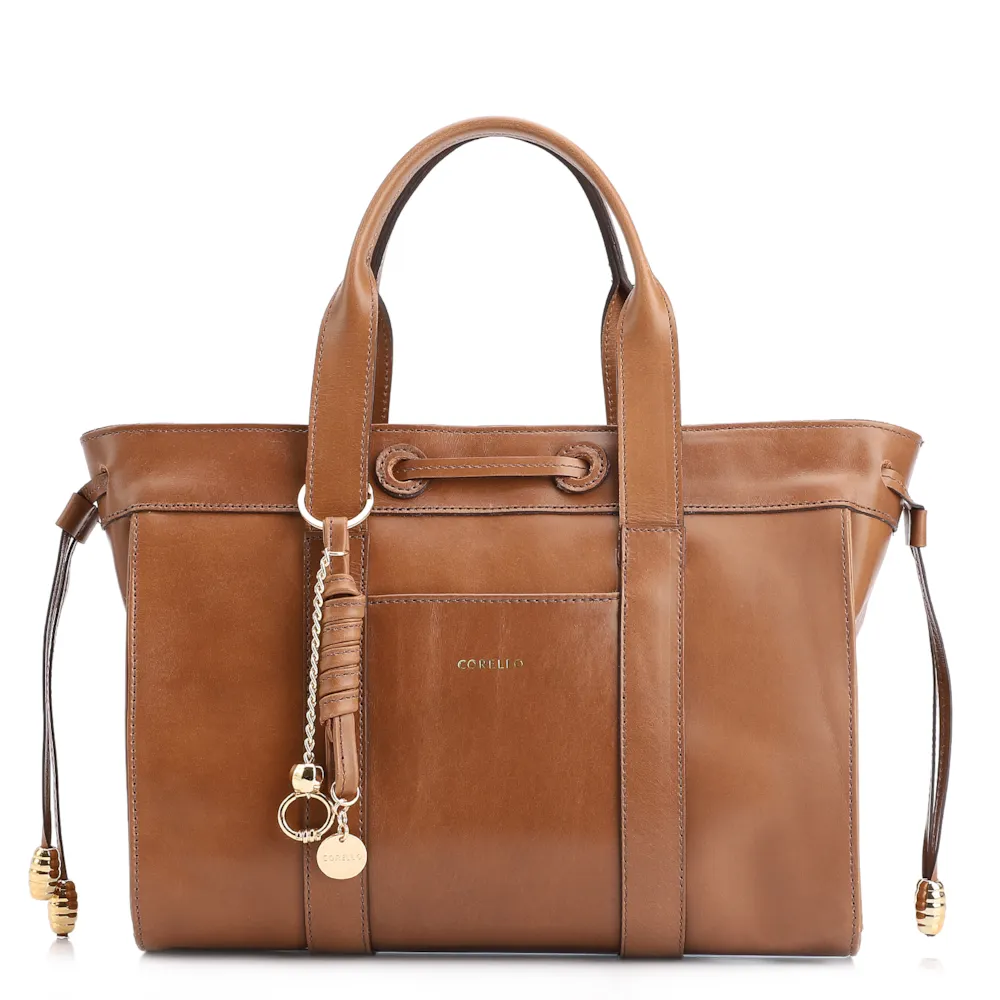 Bolsa Tote Bag Charm Couro Marrom Claro