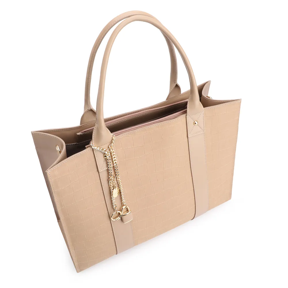 Bolsa Tote Bag Charm Couro Nobuck Croco/Couro Bege - imagem 4