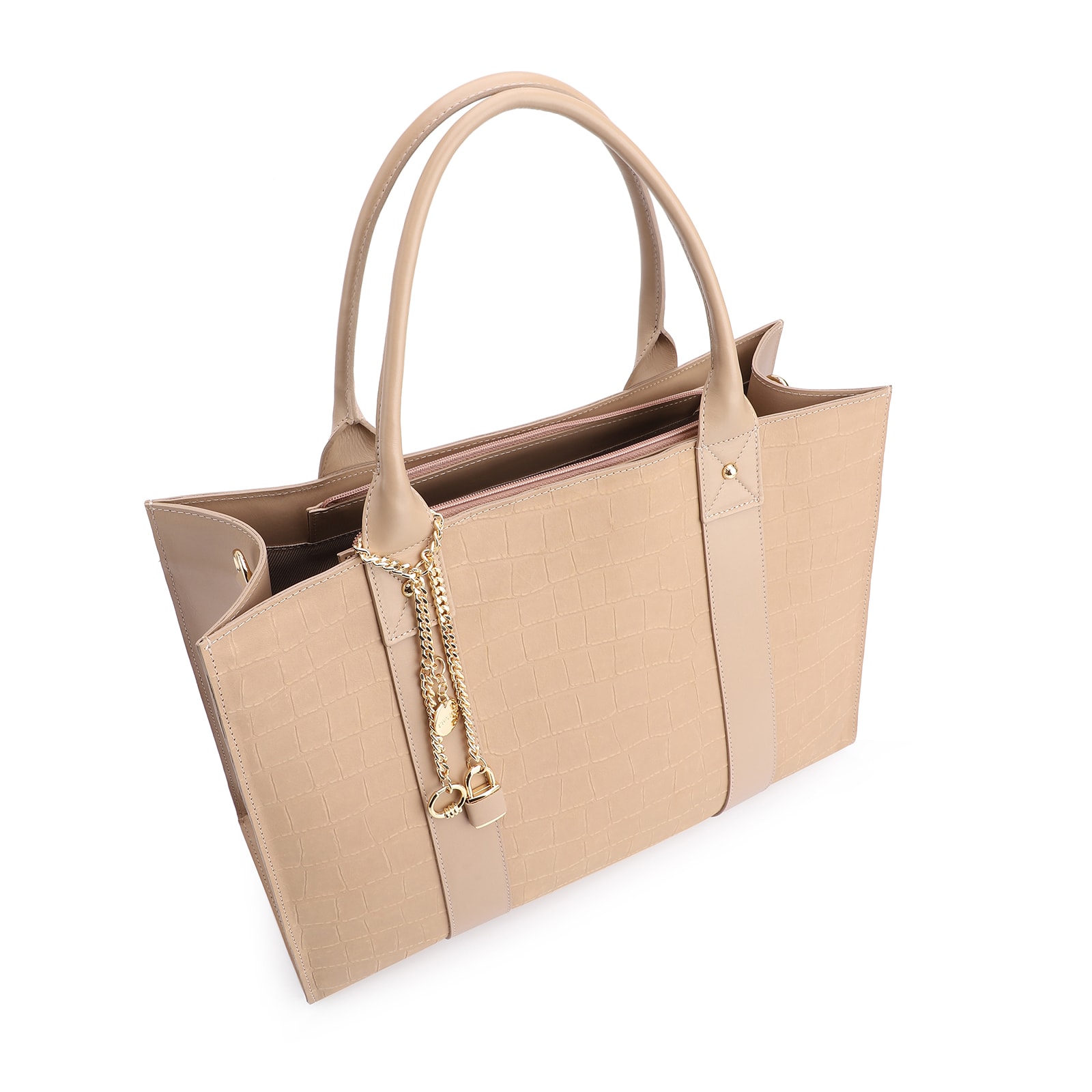 Bolsa Tote Bag Charm Couro Nobuck Croco/Couro Bege